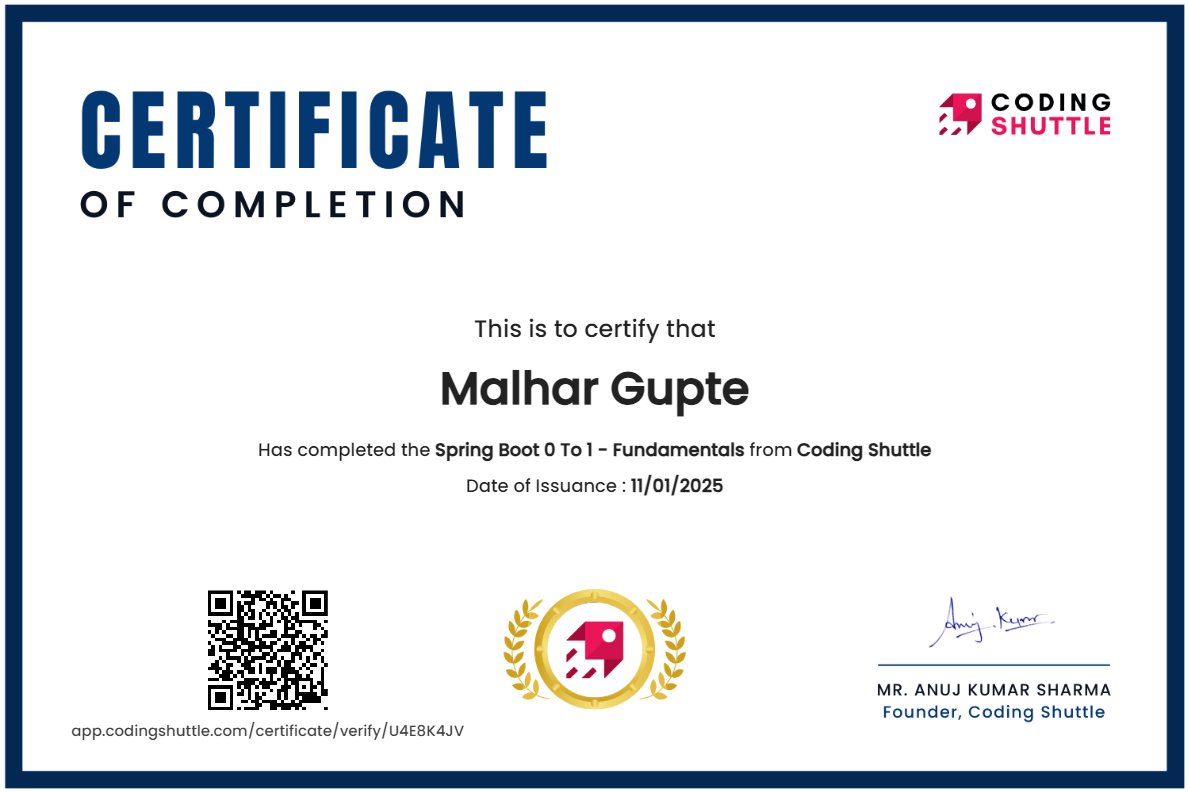 gupte_m_'s tweet image. I’m excited to share that I have successfully completed the Spring Boot 0 to 1 - Fundamentals course from Coding Shuttle! 

#springboot  #springframework #backenddevelopment #aws #ci_cd #springsecurity