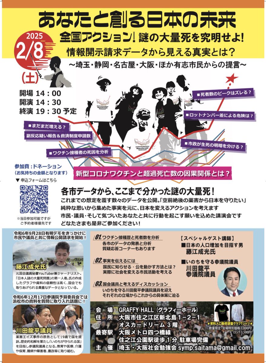 【拡散希望】
2/8 （土）14時~19:30頃
「あなたと創る日本の未来」

全国市民の情熱イベント
情報公開請求による数々のデータ
大量死とワクチンの関係を分析

市民×議員×貴方と公に行動を✨🌈
川田龍平議員
藤江成光氏

x.gd/qkWZR

#情報公開請求
#審議会解散要請