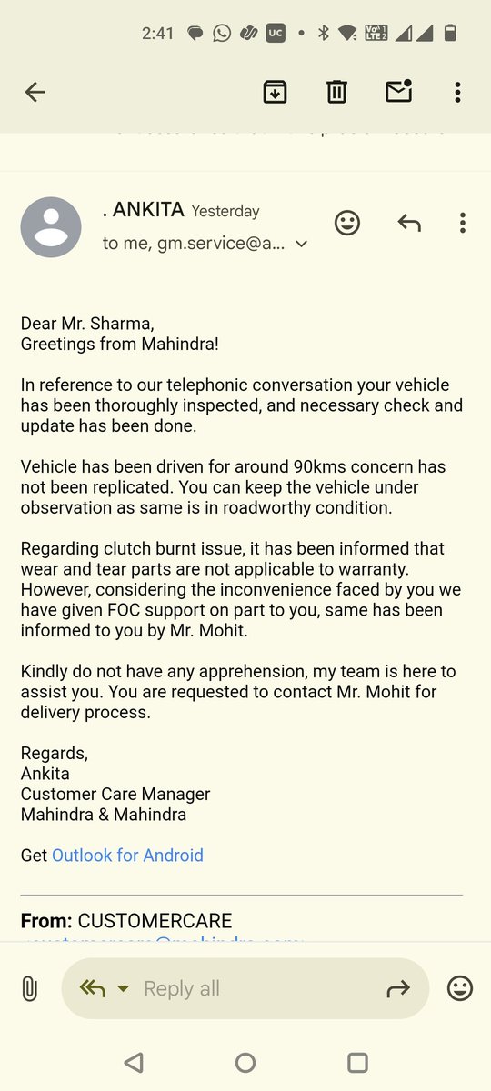 rammhersharma's tweet photo. @18002096006 @anandmahindra @18002096006  Sir please help me 🙏 over team not responding https://t.co/w1XQd5vW7n