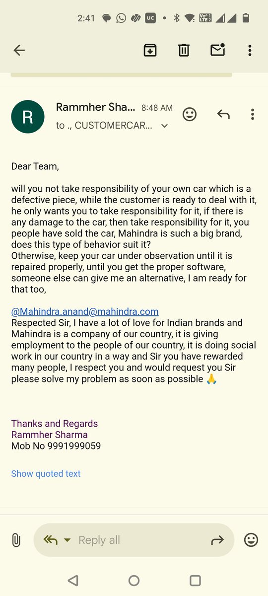 rammhersharma's tweet photo. @18002096006 @anandmahindra @18002096006  Sir please help me 🙏 over team not responding https://t.co/w1XQd5vW7n