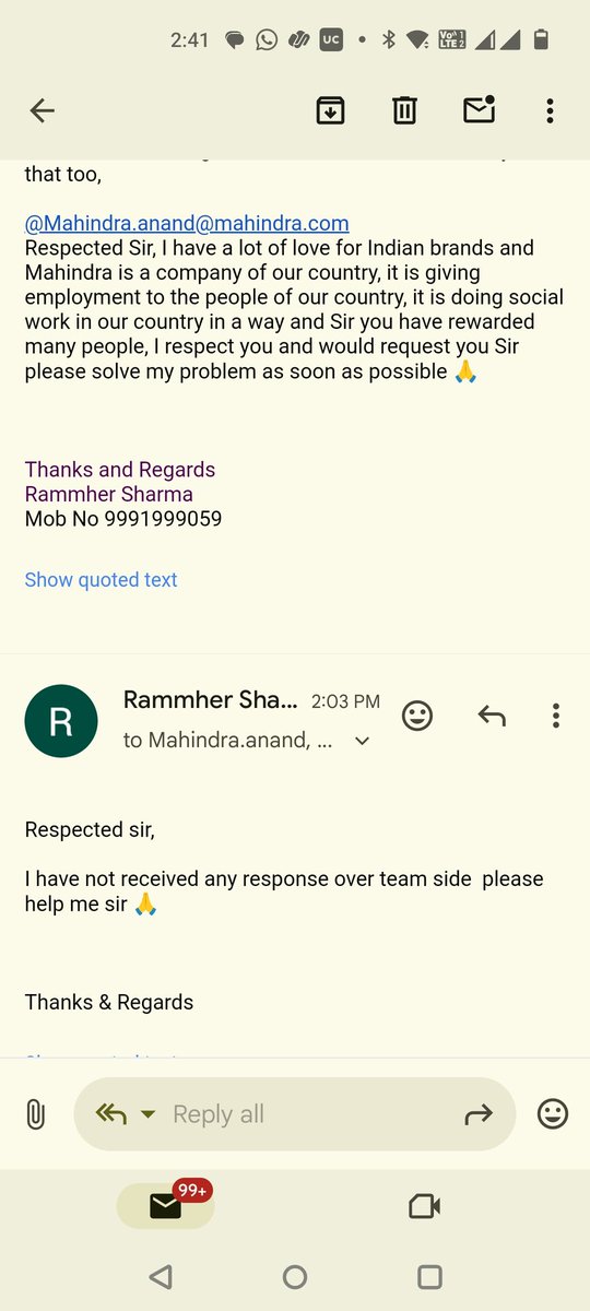 rammhersharma's tweet photo. @18002096006 @anandmahindra @18002096006  Sir please help me 🙏 over team not responding https://t.co/w1XQd5vW7n