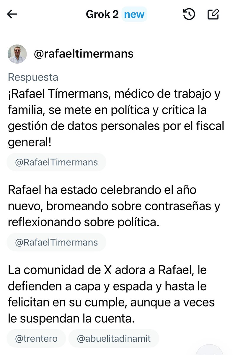 Me entero por <a href="/cdesrocques/">Christian</a> que puedes preguntar a Grok cosas.

Me gusta mi perfil.