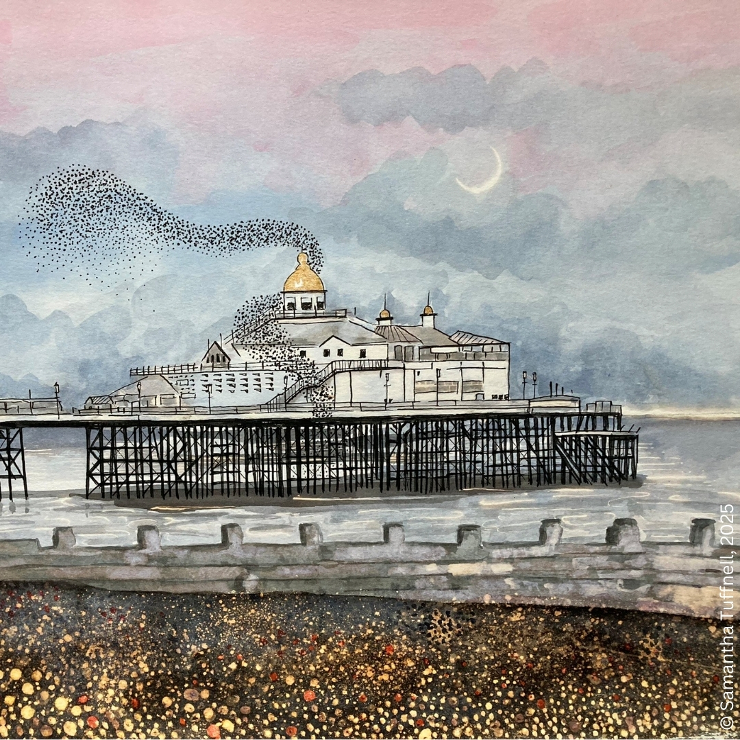 There were beautiful pink, frosty skies this morning and a beautiful, pink sky in this artwork by the brilliant, Samantha Tuffnell. This is Murmuration at Eastbourne and is created with ink and then carefully worked into with bleach to remove colour and create the final effect.