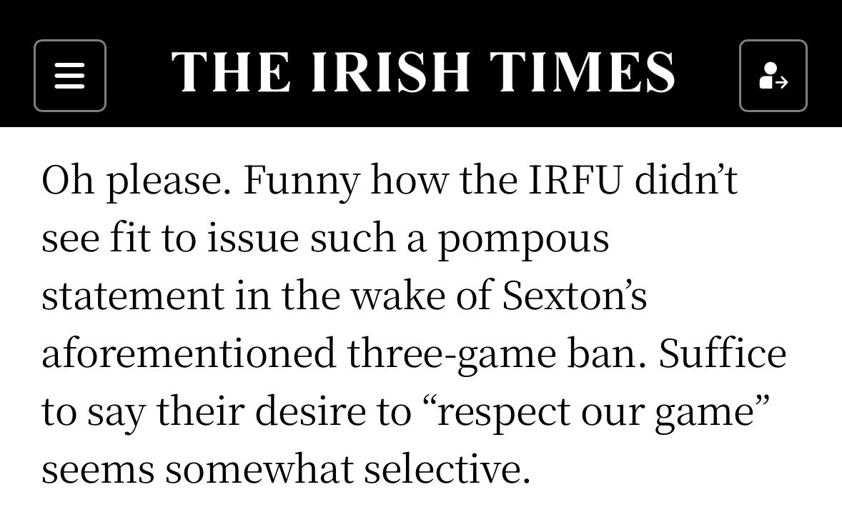 GT on point in the Times. 

The IRFU might be finally on the path to realising that if you don’t give the goose and the gander the same stuff then people will start speaking up. 

Glad Gerry is calling out the obvious here.