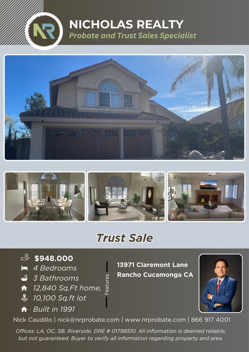 nrprobate's tweet photo. 🏡 Trust Sale – Beautiful and Spacious Family Home!

📍 13971 Claremont Lane, Rancho Cucamonga, CA

💲 $948,000

🔗 Contact Nick Caudillo
📧 nick@nrprobate.com
🌐 https://t.co/HqXtxQk41a
📞 866 917 4001
Licensed in LA, OC, SB, Riverside. DRE #01798510. https://t.co/XKfRnRqXLA