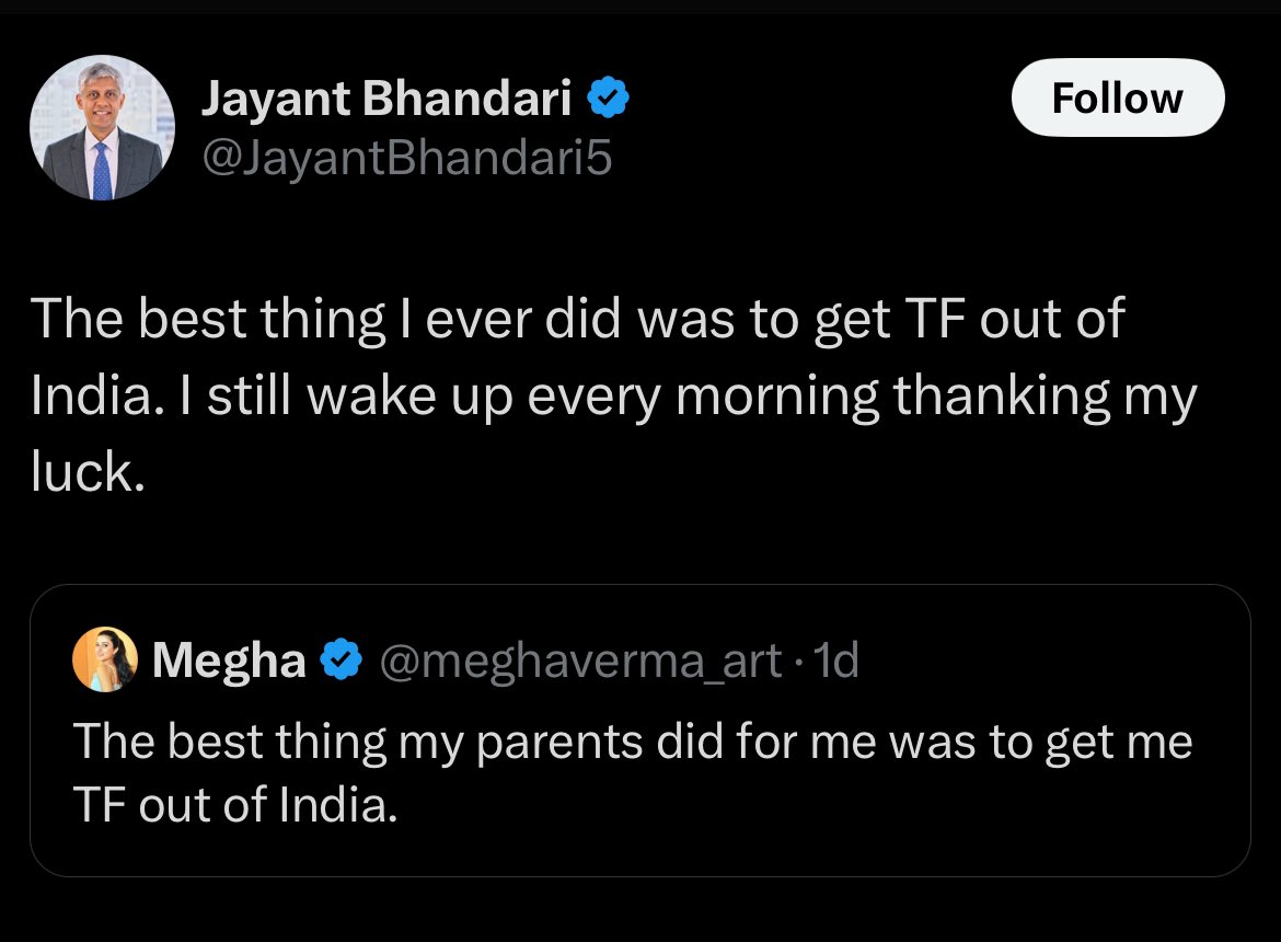 One of the best things happened for India

These 2 losers went TF out of India

One is proud to be white property <a href="/meghaverma_art/">Megha</a>

Other survives on white bread crumbs <a href="/JayantBhandari5/">Jayant Bhandari</a>

What’s common in both?

• Failed to compete in India

• Gripped by Stockholm Syndrome