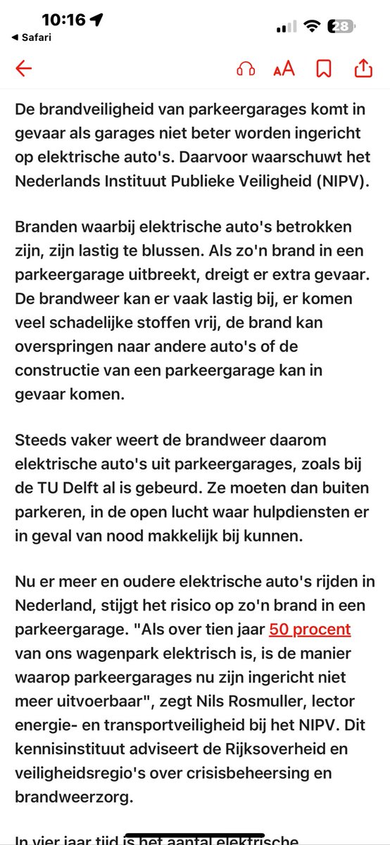 NOS publiceert deze ochtend artikel over brandveiligheid in parkeergarages. Ben als voorstander benieuwd naar de reactie van <a href="/NIPV_NL/">NIPV</a> <a href="/Evrijders/">Vereniging Elektrische Rijders</a> <a href="/BOVAG/">BOVAG</a> over deze publicatie en feitelijke (on)juistheden. nos.nl/l/2551284