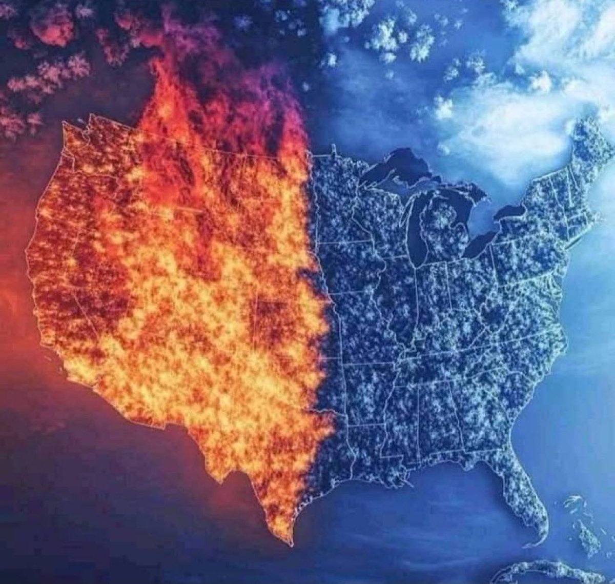 🇺🇲 Sepertinya Tuhan sedang mengirimkan pesan untuk kita renungkan. 

Sebagian terbakar dalam kobaran api sementara yang lain membeku dalam es.