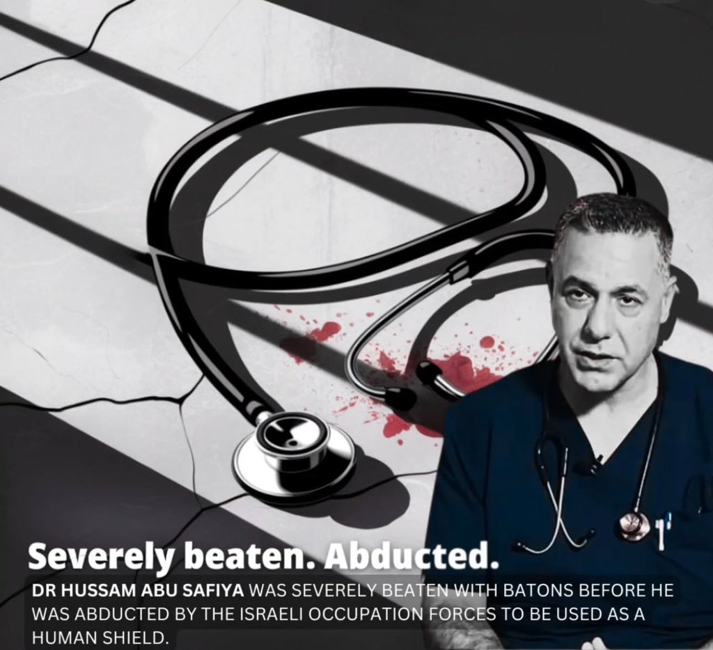 𝐃𝐫 𝐇𝐮𝐬𝐬𝐚𝐦 𝐀𝐛𝐮 𝐒𝐚𝐟𝐢𝐲𝐞𝐡 𝐢𝐬 𝐟𝐚𝐜𝐢𝐧𝐠 𝐦𝐚𝐣𝐨𝐫 𝐭𝐡𝐫𝐞𝐚𝐭𝐬 𝐭𝐨 𝐡𝐢𝐬 𝐥𝐢𝐟𝐞 

“Dr Abu Safiyeh is being severely tortured and his life is at stake,” Palestinian prisoner from #Gaza has been released from Israeli jails said.

“I aw him beaten and an