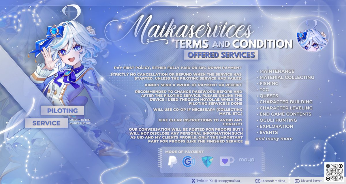 sneepymaikaa's tweet photo. ﹒₍🐚₎﹕maikaservs﹗‧₊˚  

（✿ᴗ ᴗ）🌸︵ too busy to play your fav game? i can help with my affordable and reliable services ,🌼 ◌Ⳋ𝅄

𐔌 . ⋮ prcelist .ᐟ ֹ ₊ ꒱
    ♡⸝⸝ https://t.co/TuOs5vqabo

ᯓ★ ⟳ is appriciated.ᐟ
ᵐᵒʳᵉ ᵈᵉᵉᵗˢ ⁱⁿ ʳᵉᵖˡⁱᵉˢ: https://t.co/6G1Nj1EoB6