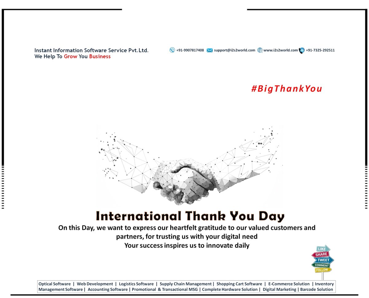 instant_pvt's tweet photo. On #International_Thank_You_Day we want to express our heartfelt gratitude to our valued customers & partners for trusting us with your #digitalneed
#अंतर्राष्ट्रीय_धन्यवाद_दिवस
#Optical_software
#Opticalsoftware
#i2s2
#Optocare
#AaharStore
#WebDevelopment
https://t.co/WqxTgnwn7c https://t.co/qXeGsBqoA4