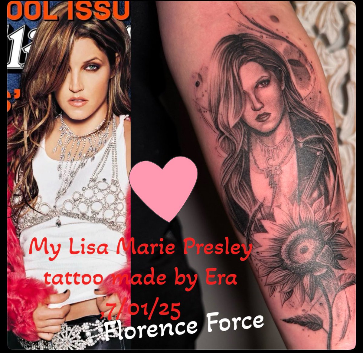FlorenceForce's tweet photo. @Cilla_Presley hello from France sweetie Priscilla , I present you my new Tattoo in honor of your daughter Lisa ,I miss you Lisa 😭💔 https://t.co/cBieFbMGKn