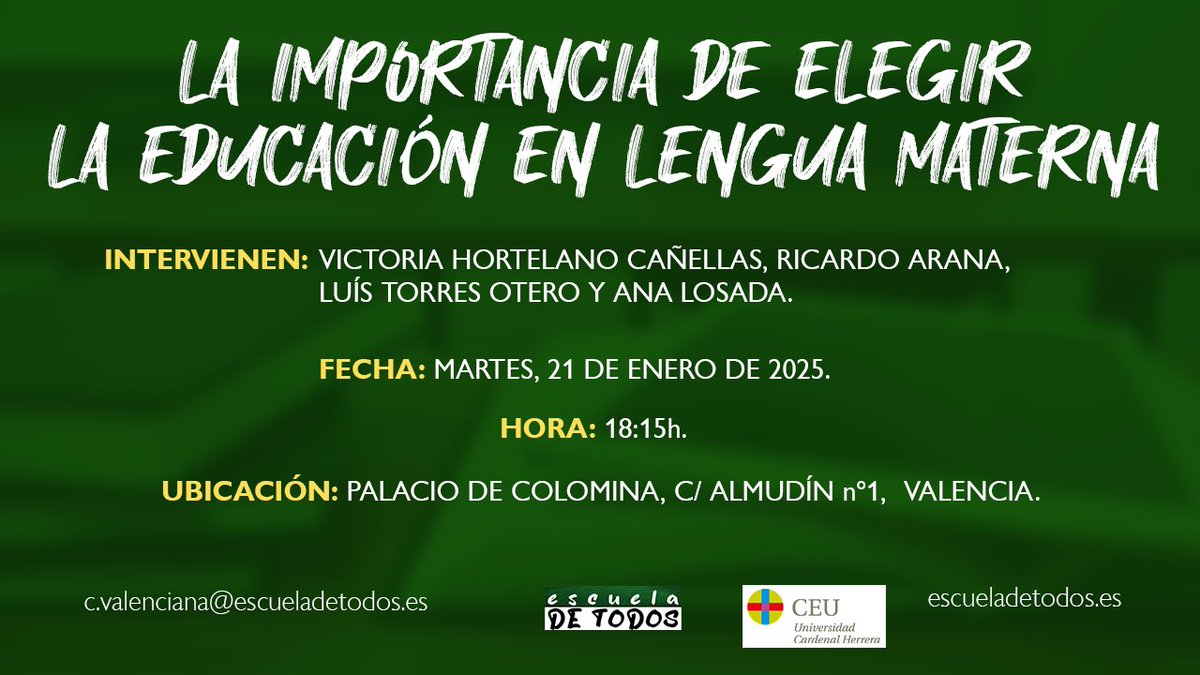 🔊En pocos días se inicia el proceso de elección de lengua en la C. Valenciana

Escuela de Todos arranca su campaña informativa con un acto donde hablaremos de la importancia de estudiar EN la lengua materna

🗓️martes 21 de enero
⏰ 18.15h
📍Palacio de la Colomina. Valencia

🧵