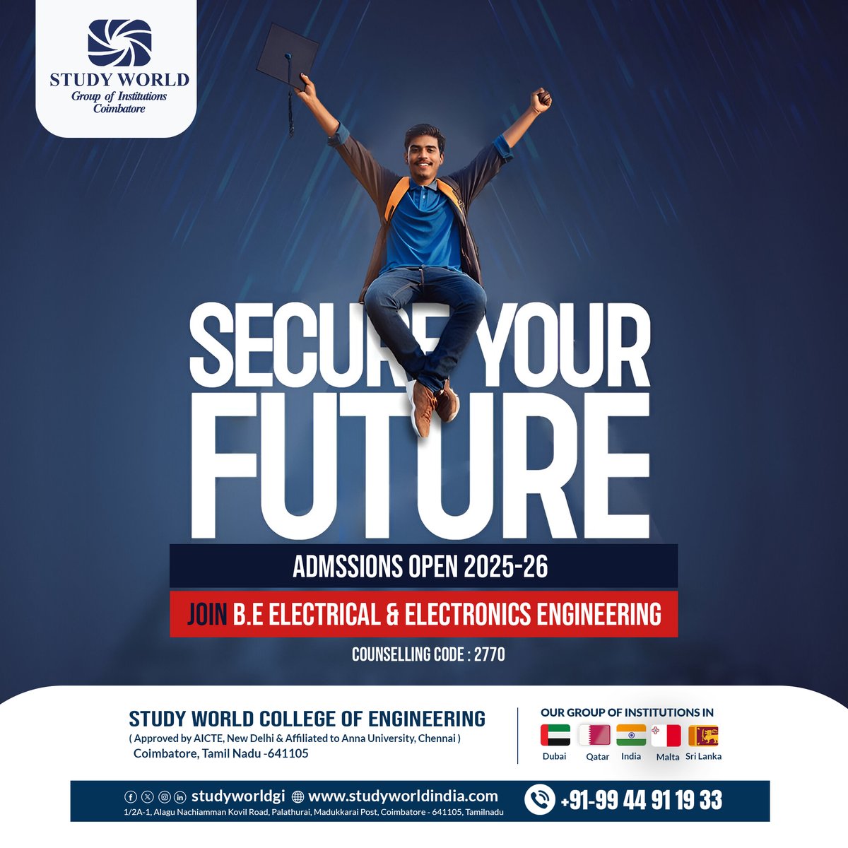 StudyWorldGI's tweet photo. Secure your future with B.E. Electrical &amp; Electronics Engineering. Explore advanced labs, industry-focused curriculum, expert faculty, and hands-on learning opportunities at our college.

#eee
#studyworldgroupofinstitutions #studyworldcollegeofengineering #coimbatore https://t.co/kN7Wsg18tp