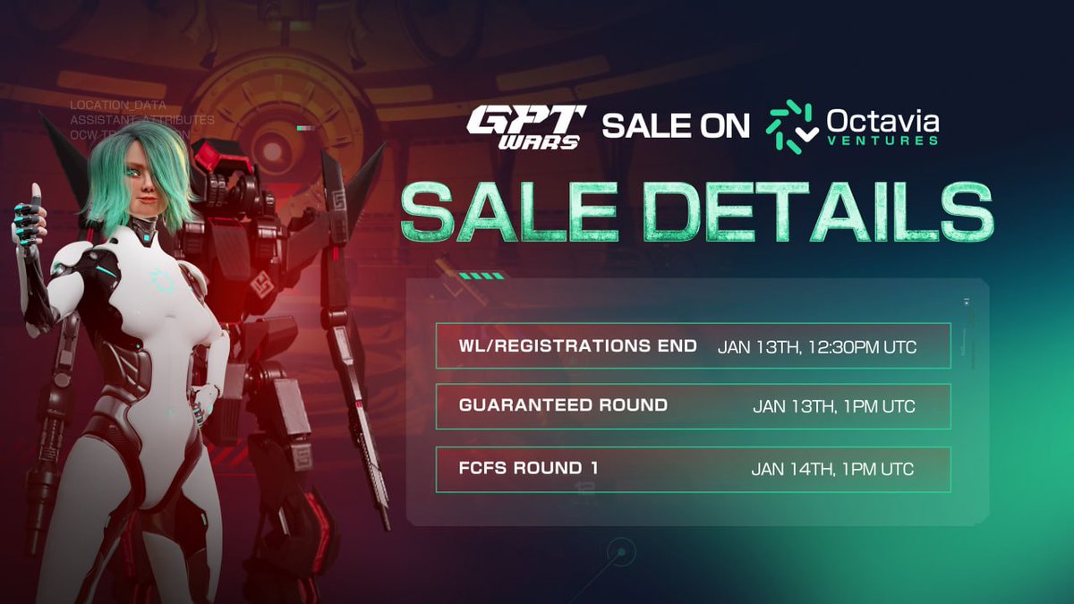 💥 <a href="/GPTWars/">GPT Wars</a> Sale Details 💥

📝 Whitelisting Ends: 13th January  
✨ GA Round: 13th January, 1 PM UTC  
✨ FCFS Round: 14th January, 1 PM UTC  

🗓 Whitelist for GPTWars Ends in 2 days! 
Don't miss your chance to get in on the action!

➡️ Join Now: pad.octavia.one/project/gpt-wa…