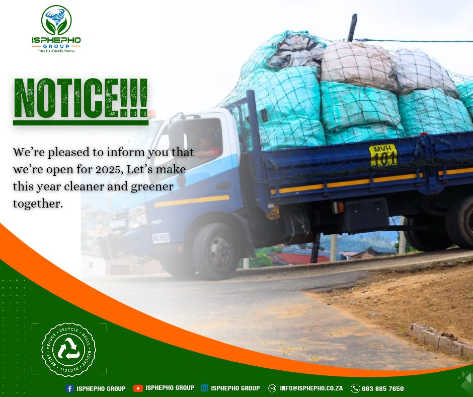 We’re pleased to inform you that we are open for 2025. 
If you have recyclables, bring them to our buy-back centre. 
Together, let’s make a positive impact this year.🌍
💡 Remember, we accept:
✅ PET Bottles [Clear, green &amp; brown]

✅ Cardboard

✅ Aluminium Cans

✅ Soft Plastic