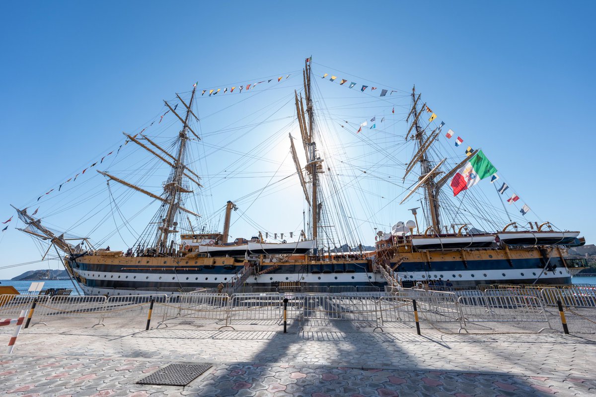 ItalyinOman's tweet photo. On the occasion of the fifth anniversary of H.M. Sultan Haitham bin Tarik accession to the throne, the ship Amerigo Vespucci honors this event showing the Flag Gala https://t.co/AHweMTyaXM