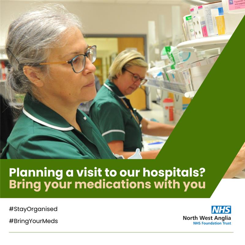 NWAngliaFT's tweet image. Visiting our hospital? 🏥 #StayOrganised by bringing all your prescription medicines. 💊🌟 This helps us use resources wisely and ensures safe, seamless care for you. 💙 #BringYourMeds