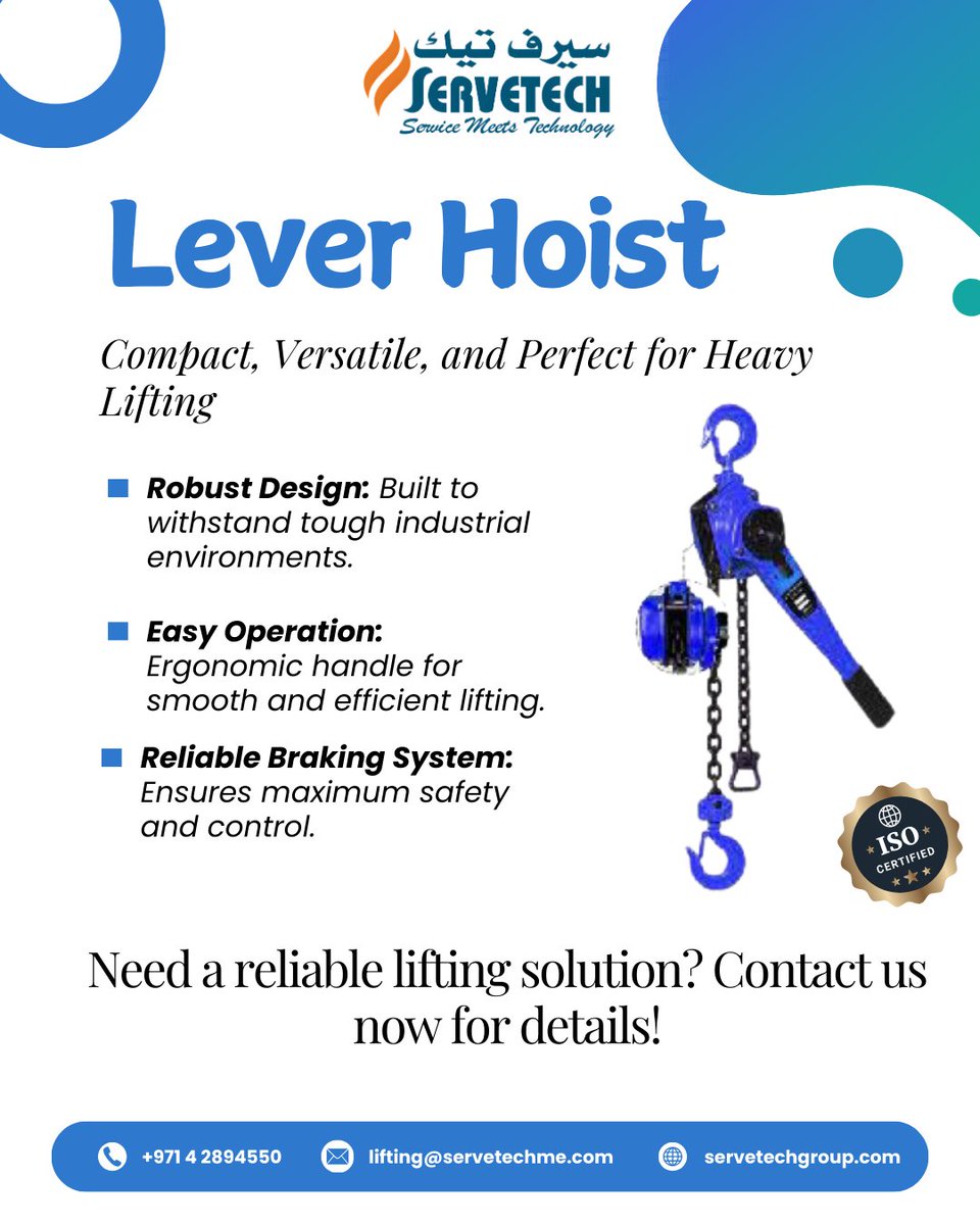 servetechliftng's tweet photo. Experience the perfect blend of strength and versatility with our Lever Hoist—your ultimate lifting solution for tough jobs. Compact yet powerful, it’s designed to make heavy lifting a breeze! https://t.co/9XoBd2c7ib