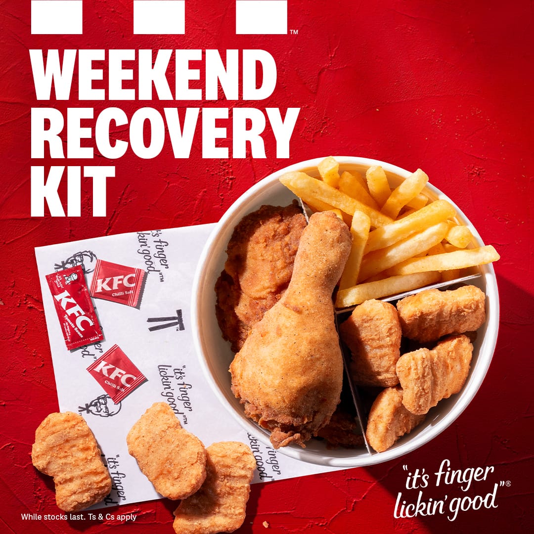 KFCinKenya's tweet photo. Had a great time? Reward yourself with the Ultimate Weekend Recovery Kit. 🍗✨Our  Buckets, fries, and chicken pieces  understand the assignment. Who’s starting their weekend the crispy way? 

#ItsFingerLickinGood #UltimateWingman https://t.co/oHPKNSnyoX