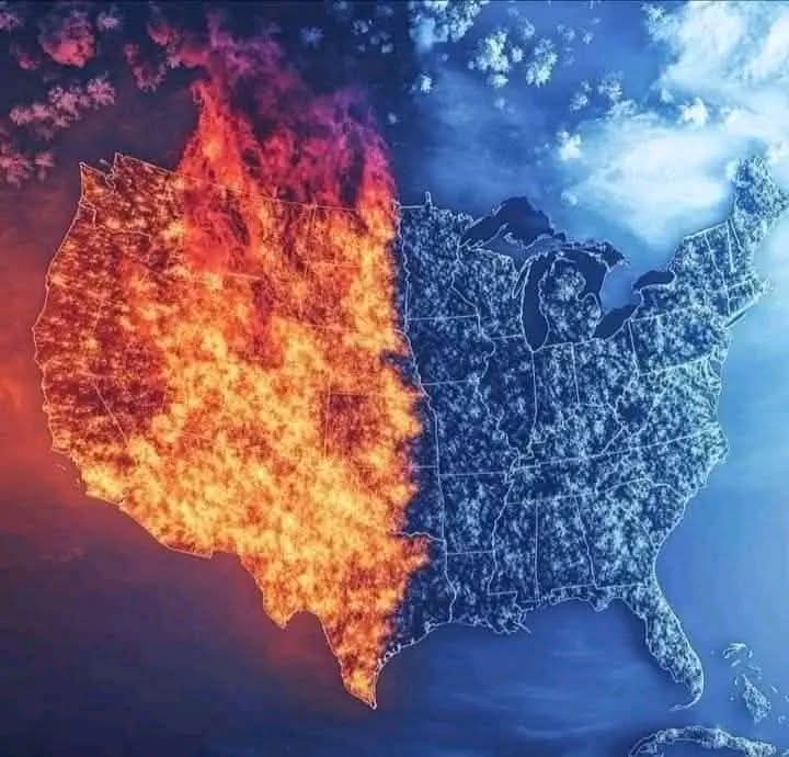 Kondisi Amerika saat ini, Setengah negaranya terbakar dan setengahnya lagi sedang dilanda badai salju namun kedua musim ekstrim tersebut meski memiliki sifat berlawanan tidak bisa saling membantu..
Bila Allah sdh berkehendak... Kun fa yakun... Allahu Akbar...