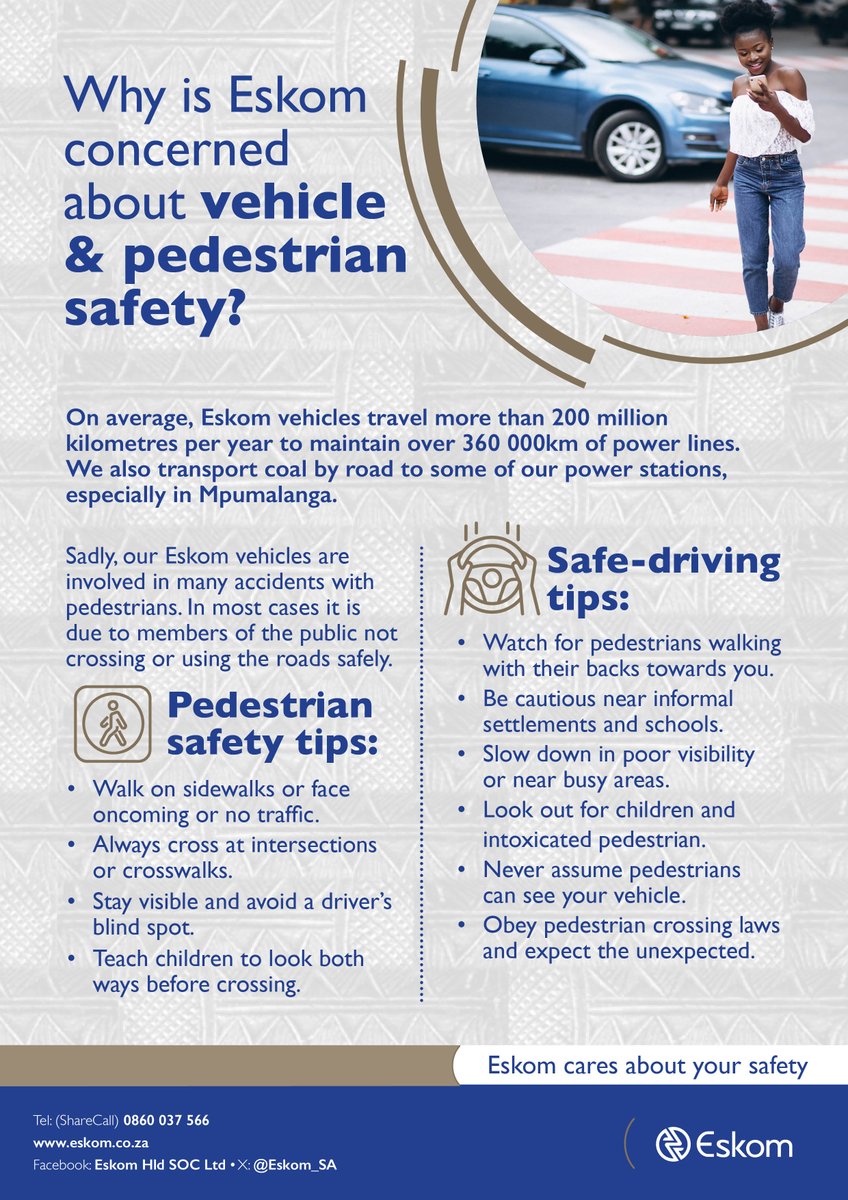 Eskom_SA's tweet photo. Eskom prioritises the safety of the public, not only in electricity use but also on the roads. We extend our commitment to safety and zero harm to every area where we operate. Through road safety education, we aim to make roads safer for everyone.

#PublicSafety #RoadUserSafety https://t.co/pOzFjqEVfA