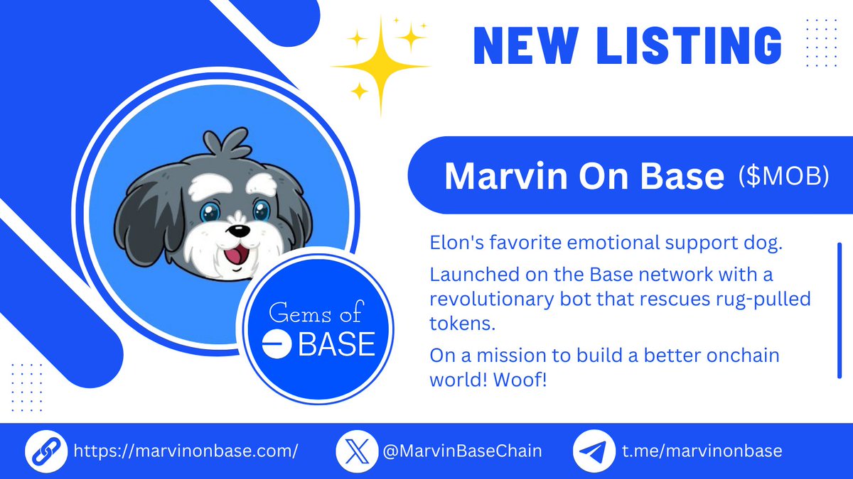 Introducing our latest featured listing - <a href="/MarvinBaseChain/">Marvin</a> 🐶

Marvin is Elon's favorite emotional support dog. Launched on <a href="/base/">Base</a> with a revolutionary bot that rescues rug-pulled tokens.

Marvin is on a mission to build a better onchain world! Woof! 🐕

0/0 tax; contract