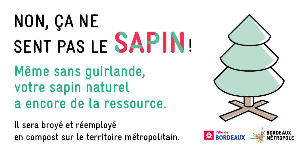 Bordeaux Métropole (@bxmetro) on Twitter photo Recyclez votre sapin ! 🎄
📍 Déposez-le dans les points de collecte de la métropole avant le 9 février.
✔️ Pensez à retirer guirlandes, décorations, neige artificielle et sac à sapin.
Plus d'infos ici 👉 bordeaux-metropole.fr/actualites/a-b… Recyclez votre sapin ! 🎄
📍 Déposez-le dans les points de collecte de la métropole avant le 9 février.
✔️ Pensez à retirer guirlandes, décorations, neige artificielle et sac à sapin.
Plus d'infos ici 👉 bordeaux-metropole.fr/actualites/a-b…