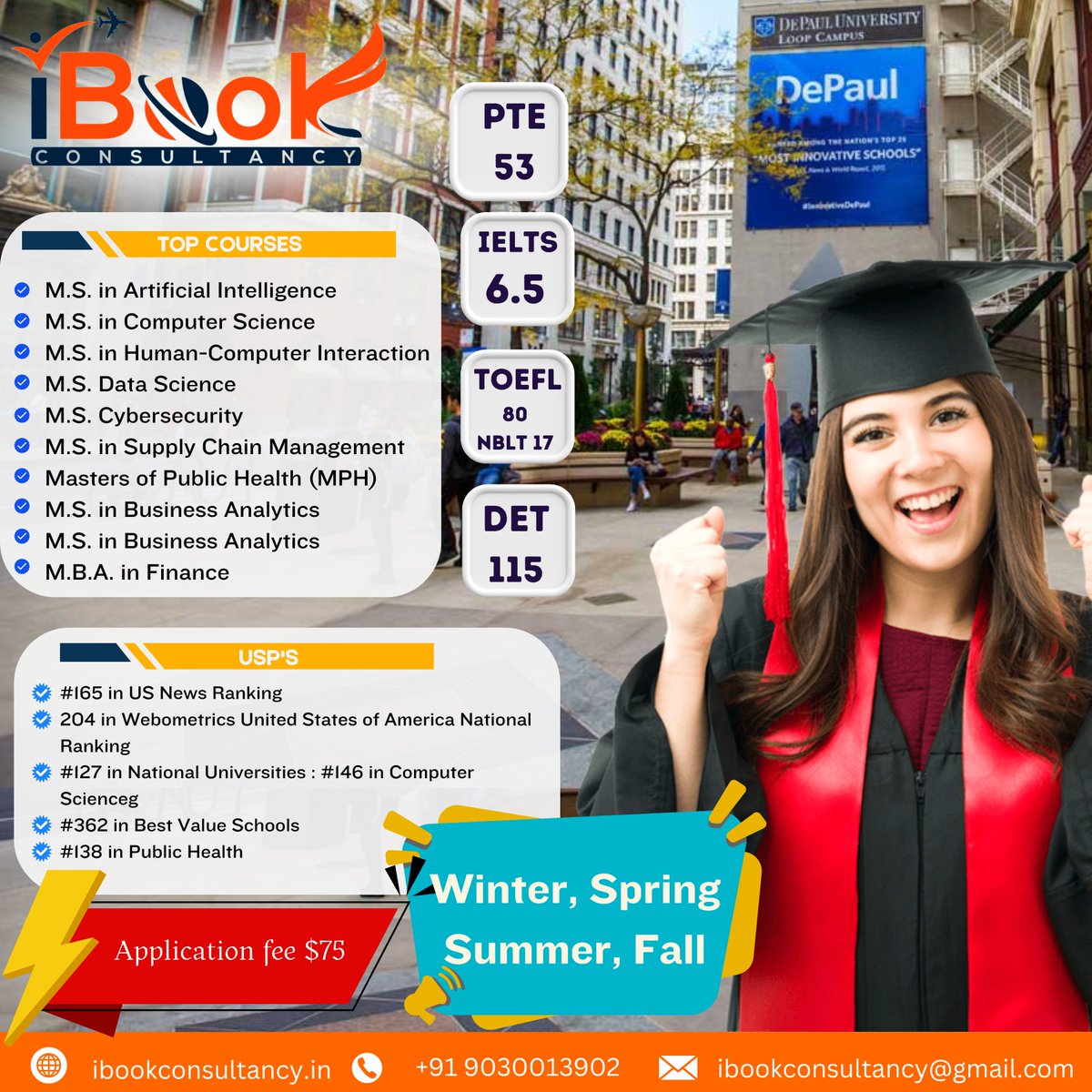 iBookConsultant's tweet photo. 🎓 Study at DePaul University, USA!
🗓️ Intakes: Winter, Spring, Summer, Fall.
💲 Fee: $75
📞 +91 9030013902 | 📩 ibookconsultancy@gmail.com | 🌐 https://t.co/8pwRfbrpAt"
#StudyAbroad #DePaulUniversity #USAStudy #GlobalEducation #MastersPrograms #TopRankedUniversity #DataScien https://t.co/5C0gUM9bjz