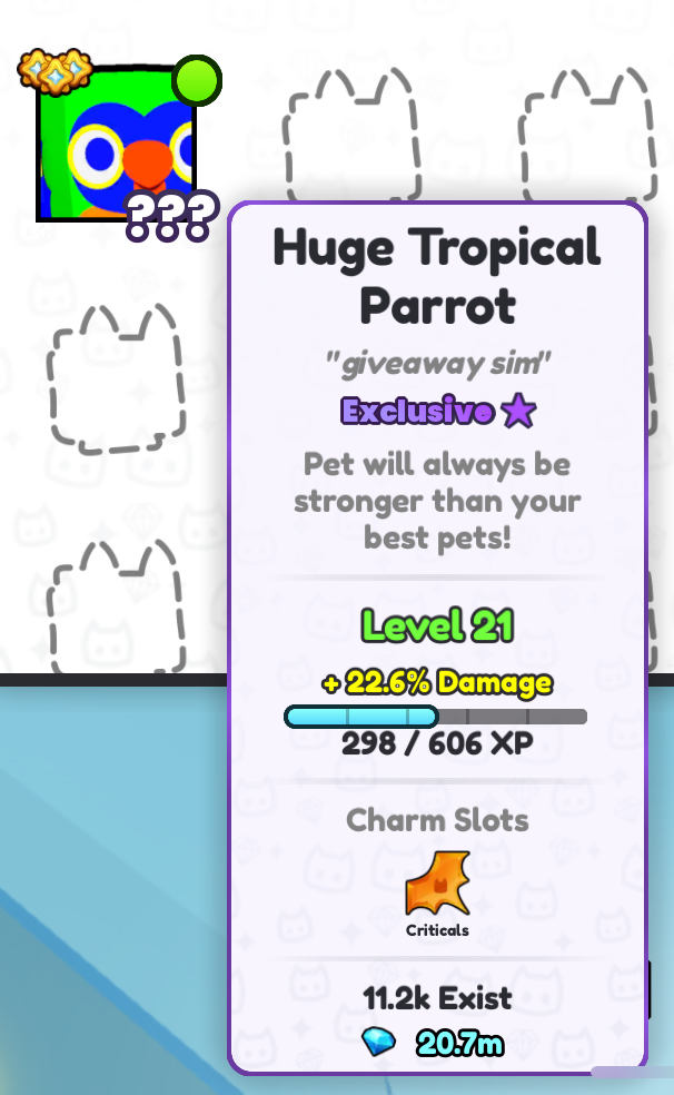 Pet simulator 99
Huge Tropical Parrot giveaway 🥭🦜
sponsored by @sim_starzz
Requirements:
Like❤️
Retweet🔄
Follow <a href="/MaxNebulaYT/">MaxNebulaYT</a> and @sim_starzz
reply with your username 
Ends in 1 Day
Good Luck🍀
