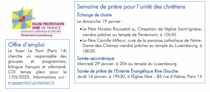BaccuetC's tweet image. Les RDV à venir de l’#Eglise #protestante #EPUdF #PentemontLuxembourg #Paris #Paris6 #Paris7 @paroissepentlux sont sur la feuille de nouvelles hebdomadaire, distribuée lors des cultes et disponible en ligne : epupl.org/spiritualite/l…