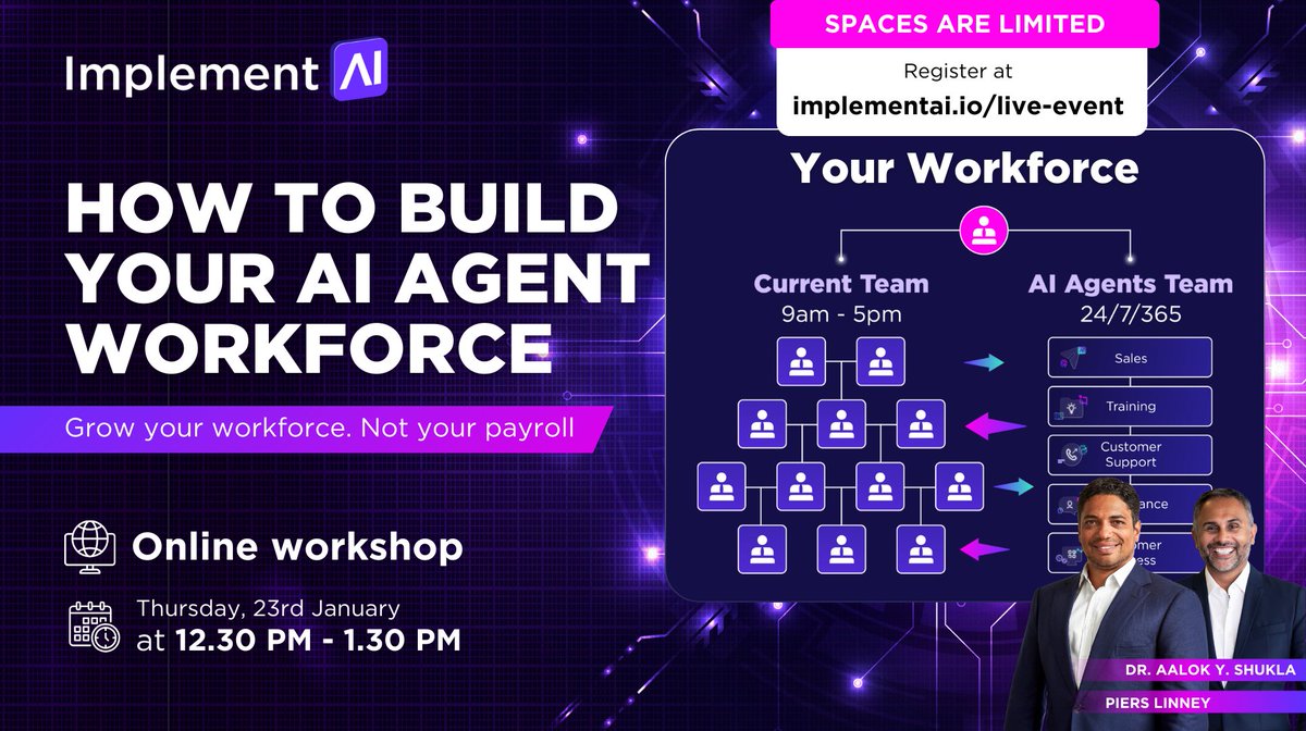 goimplementai (@goimplementai) on Twitter photo Do you have a plan to impement AI in 2025?
We're hosting How To Build Your AI Agent Workforce - Webinar. by <a href="/pierslinney/">Piers Linney</a> and <a href="/Aalokyshukla/">Aalok Y Shukla</a>.
Make sure to attend it on January 23.
Sign up now: streamyard.com/watch/vHyq5GGj… Do you have a plan to impement AI in 2025?
We're hosting How To Build Your AI Agent Workforce - Webinar. by <a href="/pierslinney/">Piers Linney</a> and <a href="/Aalokyshukla/">Aalok Y Shukla</a>.
Make sure to attend it on January 23.
Sign up now: streamyard.com/watch/vHyq5GGj…