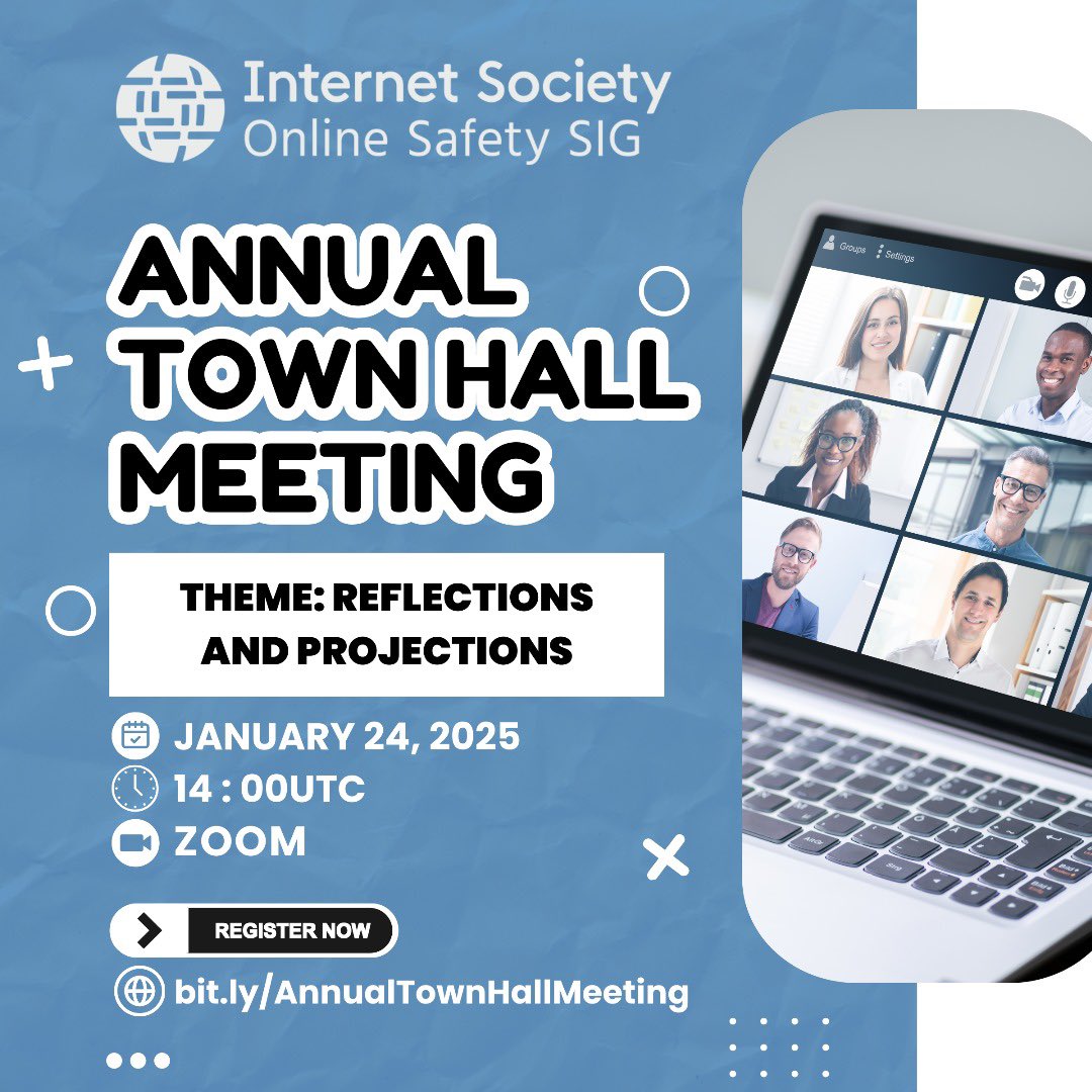 OnlineSafetySIG's tweet photo. 📢 Join the Internet Society Online Safety SIG Annual Town Hall Virtual Meeting!  

Theme: "Reflections and Projections: Shaping a Safer Digital Future Together"  

Register Now: https://t.co/gAcxdsj3YT
(1/3) @internetsociety https://t.co/zG3t6v7i3F
