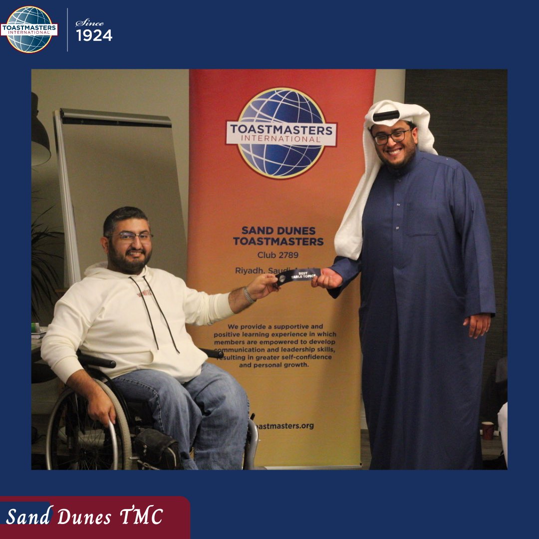 SanddunesTM's tweet image. The Winner 🥇: Congratulations to all the winners! #toastmasters 

#preparedspeech: Farah Jehad
#tabletopics: Ahmed Alsada
#evaluation: Abdulrahman Alsaty