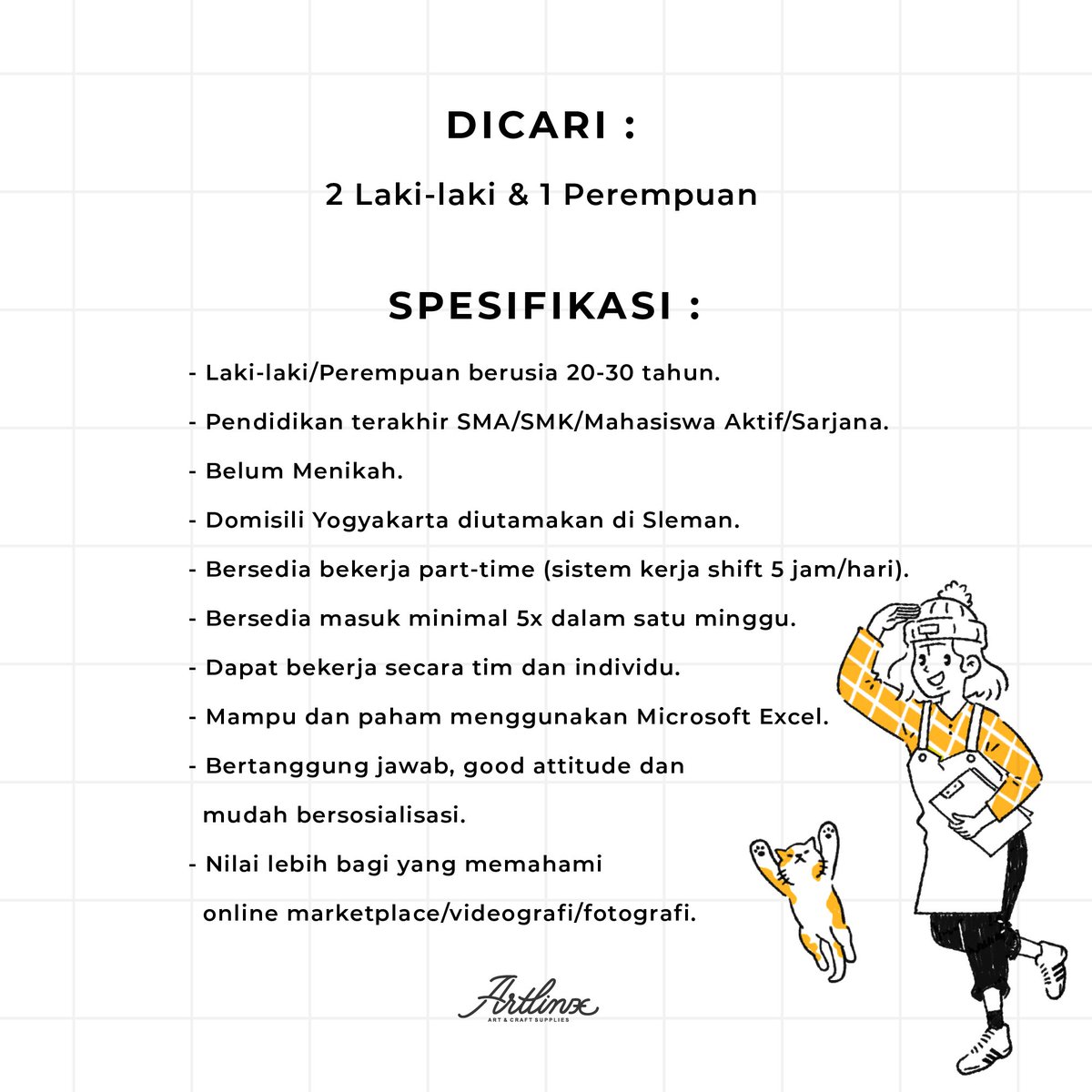 artlinx_store's tweet photo. Menambah anggota tim lagi, dicari 2 laki-laki dan 1 perempuan.
Yang tinggal di Yogyakarta dan sedang mencari pekerjaan sambilan ayo daftar, lowongan dibuka sampai dapat👩‍💼👨‍💼👨‍💼

Kirim CV ke : artlinxstore@gmail.com
Subjek email : Part Time - Nama

#loker #lokerjogja #lokersleman https://t.co/I0uEgGCPTR