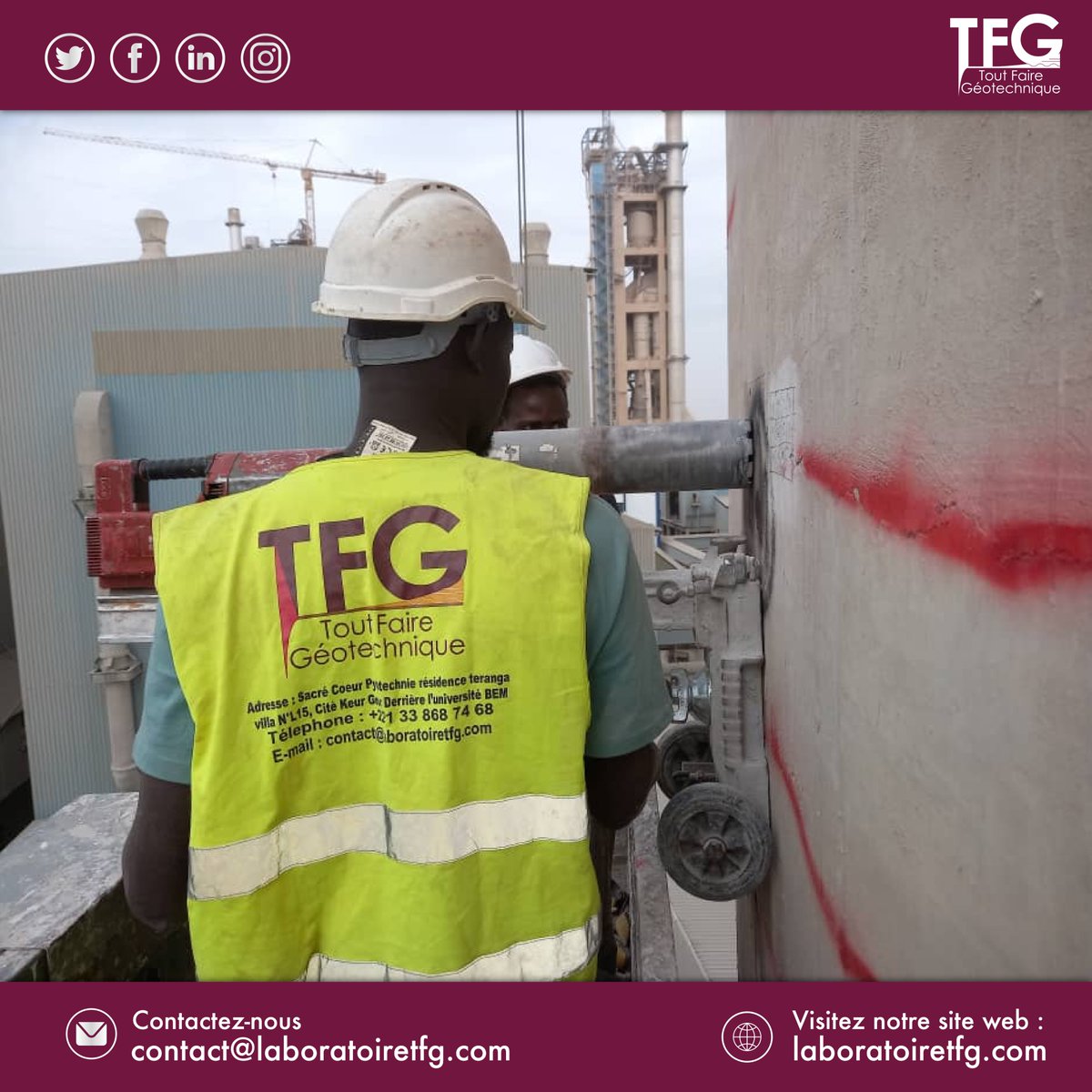🔍 TFG a réalisé une expertise technique sur un silo de cimenterie de 60m ! Évaluation de la résistance du béton avec auscultation radar, carottage, essais de compression et analyse de carbonatation. 🏗️ 
👉 Contactez-nous : 00221 33 868 74 68
#BTP #Expertise #Géotechnique #TFG