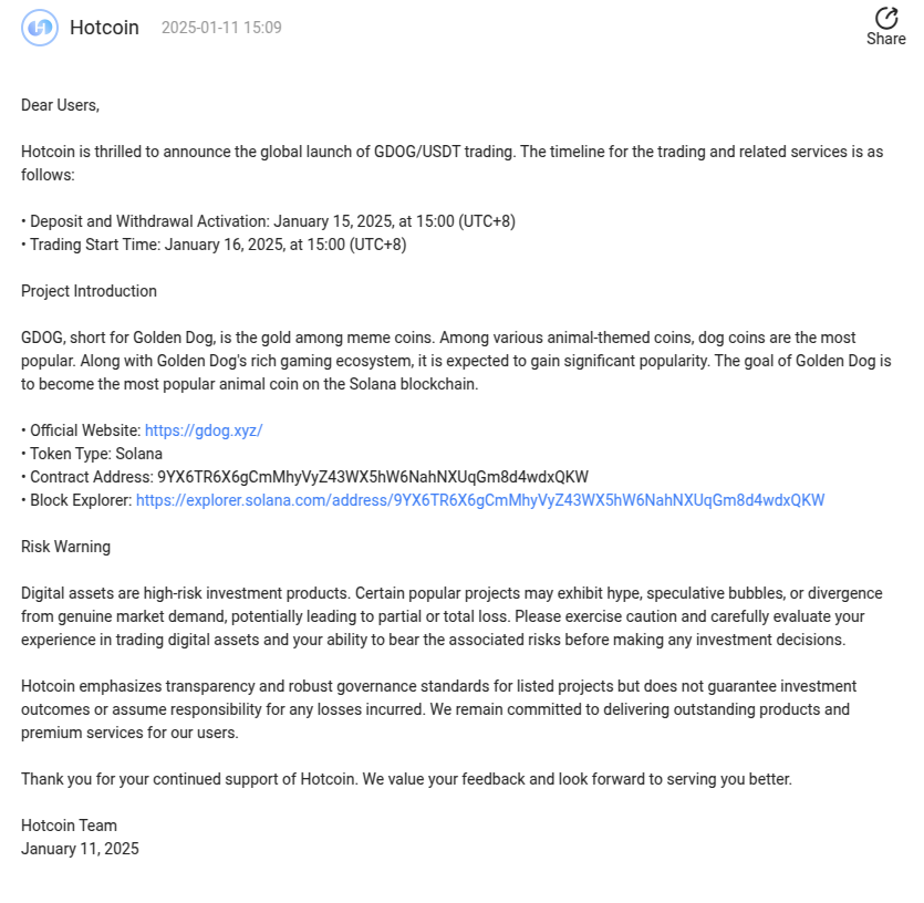 gdog_xyz's tweet photo. Hotcoin is going to launch $GDOG!

• Deposit and Withdrawal Activation: January 15, 2025, at 15:00 (UTC+8)
• Trading Start Time: January 16, 2025, at 15:00 (UTC+8)

Link:
https://t.co/Bu2zWwtOV3

#hotcoin #gdog #solana #meme #doge #btc #eth #exchange #defi #gamefi https://t.co/aBYDXFwHxM