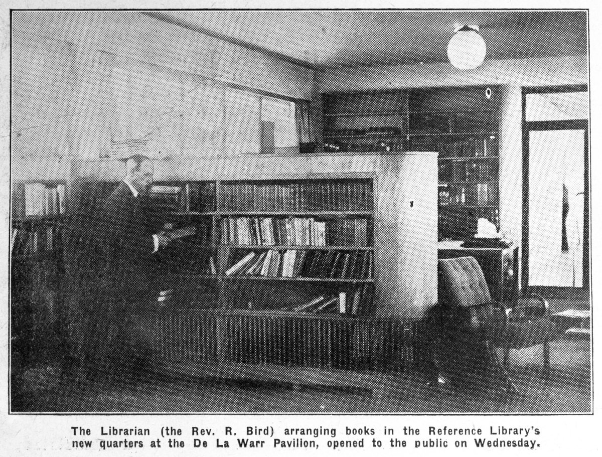 "The Librarian (the Rev. R. Bird) arranging books in the Reference Library's new quarters at the De La Warr Pavilion, opened to the public on Wednesday." <a href="/BexhillObs/">Bexhill Observer</a> 11.1.1936. <a href="/dlwp/">De La Warr Pavilion</a> #Bexhill #Sussex #Seaside #Library #Books #History #1930s