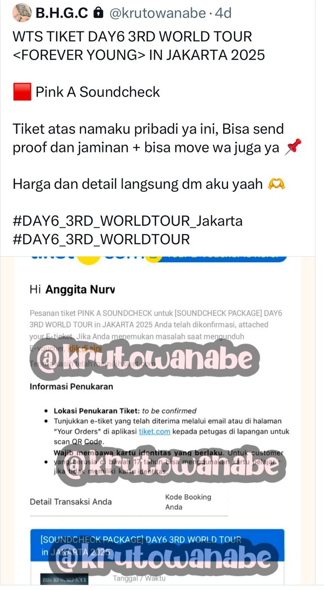 karaflames's tweet photo. HELP RT
SCAMMER TICKET CONCERT DAY6

Hati2 ya myday ada penipu @krutowanabe alias ANGGITA NURVIANI PUTRI (no rek. 693818037790 - OCBC) ini wts tiket DAY6 Pink A Soundcheck.

Kalo ada yg kena juga boleh share disini yah biar myday yg lain aware 🙏🏼 https://t.co/mnEHB8MUQf