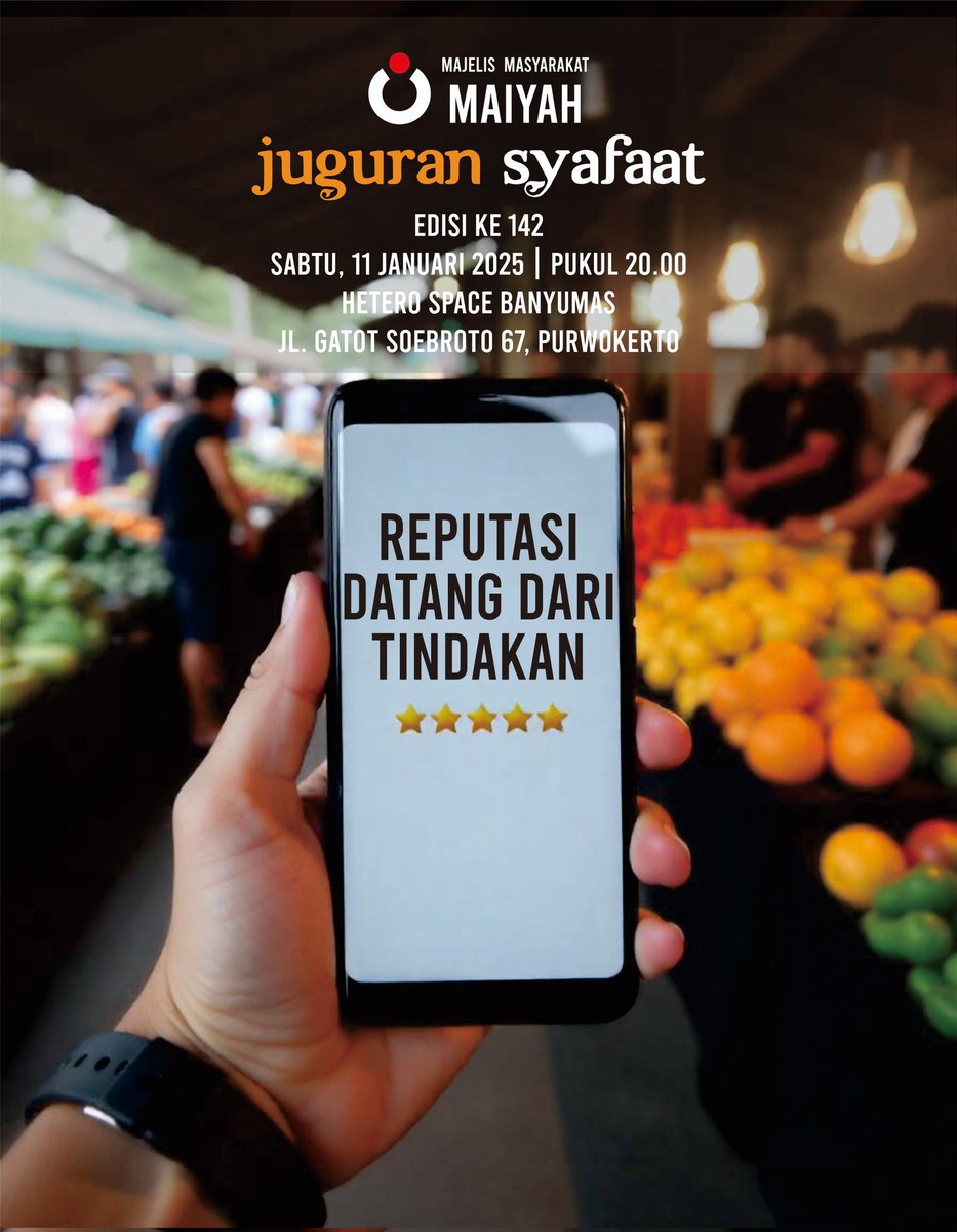 JuguranSyafaat's tweet photo. Malam ini, 20.00 WIB | JUGURAN SYAFAAT bersama Mas Helmi Mustofa | REPUTASI DATANG DARI TINDAKAN  | Hetero Space Banyumas, Jln. Jend. Gatot Soebroto 67, Purwokerto. #JSJan https://t.co/gLQQ3KSXHE