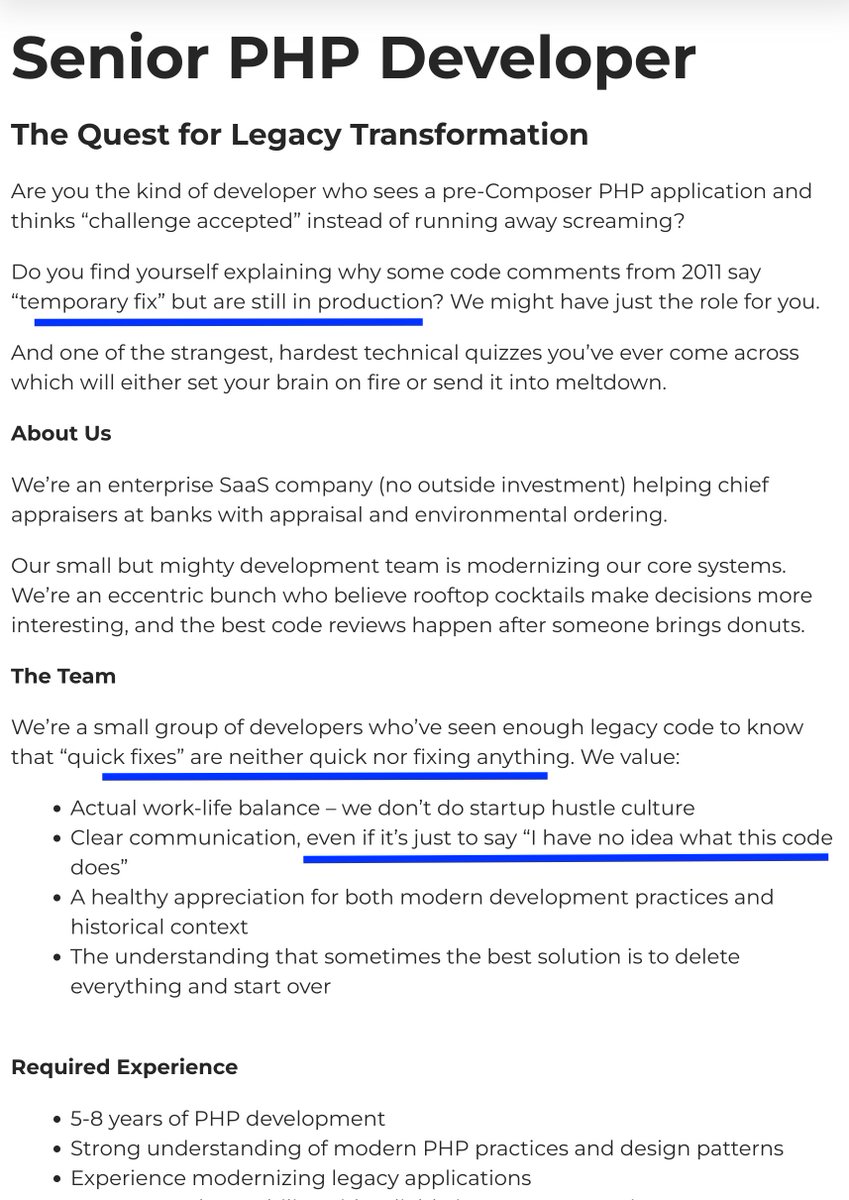 PovilasKorop's tweet photo. Job offer via @LaravelJobs

Written like a POETRY. 
Don't know the author, but I would give them Oscar statue in job description writing :)

I particularly liked those underlined lines.

Full job ad: https://t.co/6Lf56wfQlB 
(warning: Symfony, not Laravel) https://t.co/HjuHknXQFO