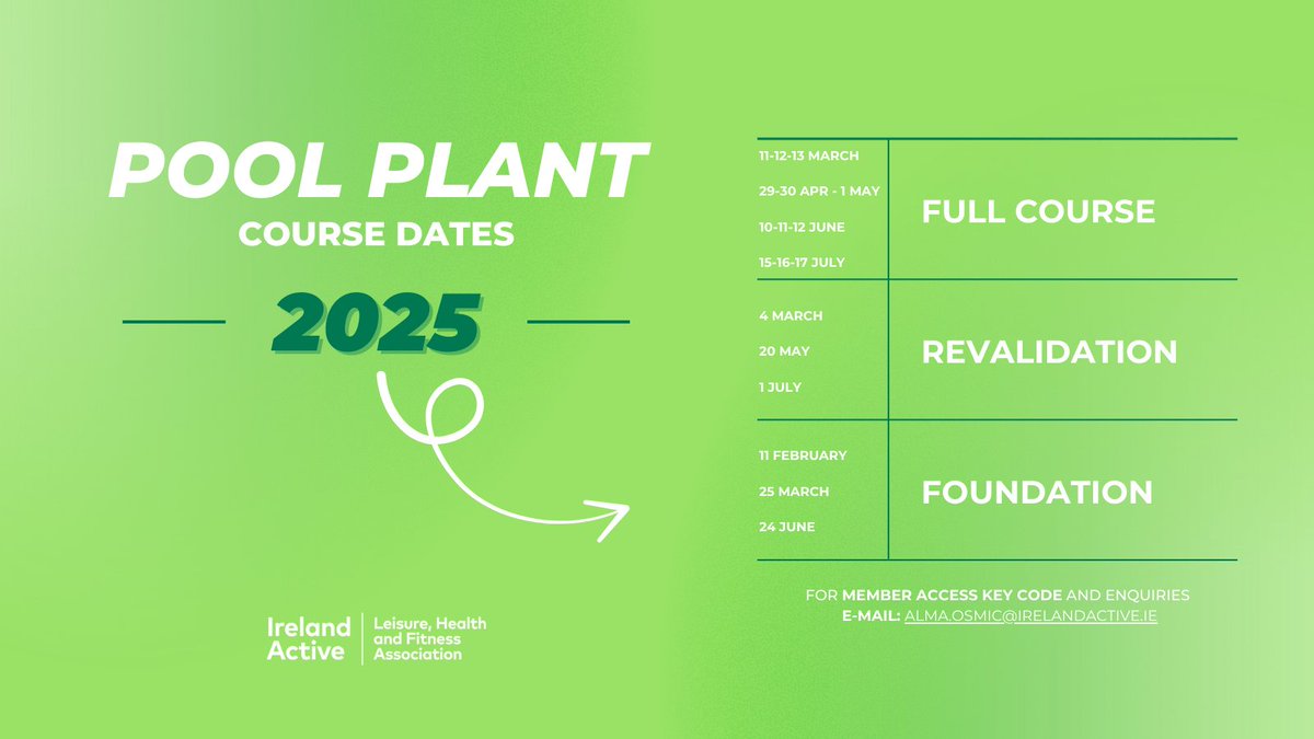 irelandactive's tweet image. Get ready for 2025 with our Pool Plant Operator Courses—helping you maintain safe, efficient swimming facilities.

Learn more: irelandactive.ie/membership/ser…

📩 Book today by contacting: alma.osmic@irelandactive.ie 

#PoolOperators #IrelandActive #ProfessionalTraining #LifelongLearning