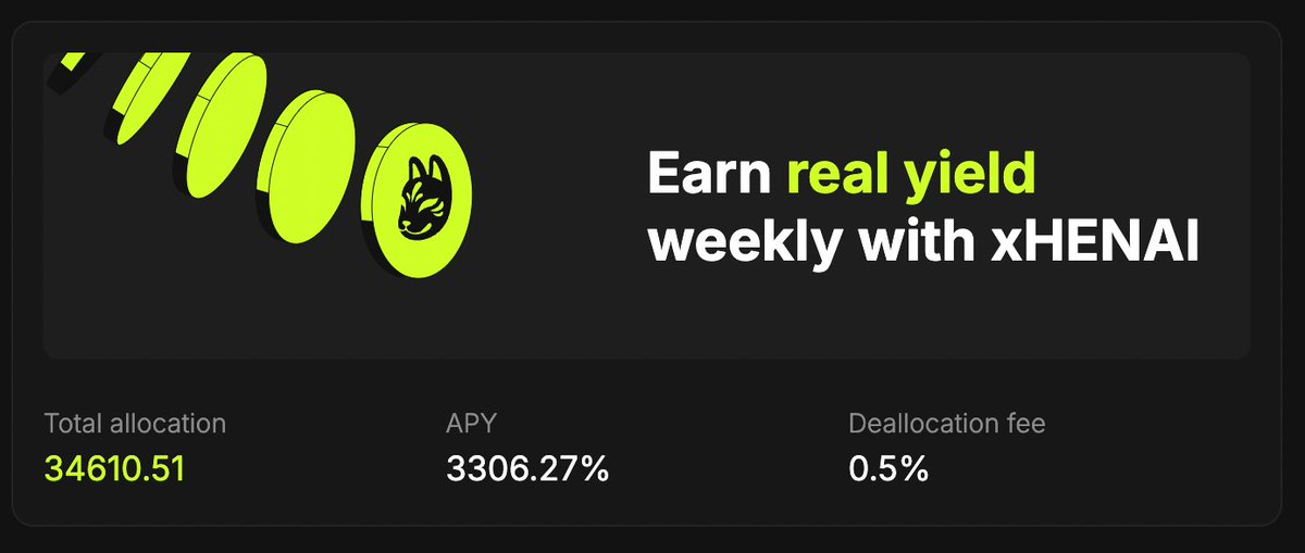 Henjin_AI's tweet photo. xHENAI is live! Users are earning 3306.27% APY from a portion of all protocol fees 💰 $HENAI is now deflationary as holders allocate their tokens to the dividends plugin 📈 https://t.co/EbOkuWfAg2 https://t.co/NMQxBguKGR