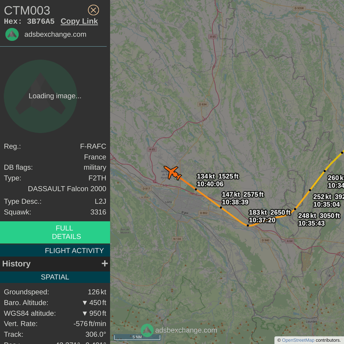 FlottePresident's tweet photo. 🛬 Le Dassault Falcon 2000EX 🇫🇷 République Française immatriculé #FRAFC a atterri près de Pau/Pyrénées (Uzein), France.

📋 Bilan (estimation) :
~ 0h55 de vol
~ 682 km parcourus
~ 800 kg de carburant consommé

Revoir ce vol #CTM003 : https://t.co/23i41MyBqe https://t.co/FtSbcmUHxd