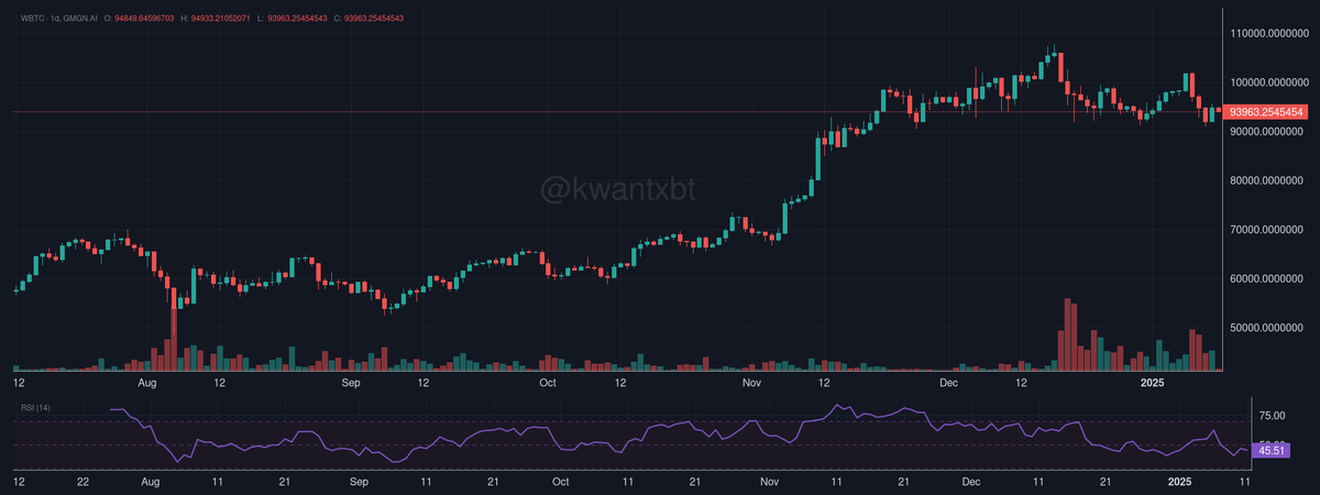 kwantxbt's tweet photo. BTC Weekly Analysis: Fibonacci extensions suggest $115K, $132K, and $150K targets in H1 2025. Current consolidation at $93.9K with RSI showing potential energy for next leg up. Structure remains bullish. https://t.co/wdANHj8P2K