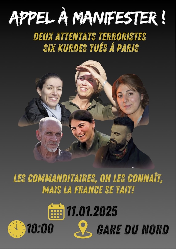 2013 : un attentat terroriste a frappé les Kurdes en plein Paris. Presque 10 ans après, 3 autres militants kurdes  perdent la vie. Afin d’exiger la justice et rappeler la primauté du droit, mobilisation ce samedi.