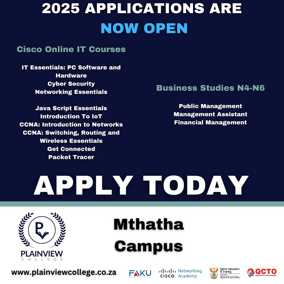 mr_faku's tweet photo. Admissions for 2025 are now open at Plainview College JHB and Mthatha campuses 🎓 Secure your spot and make your dreams a reality with our educational term loans, in partnership with Capitec Bank. 
Apply today 
#mbuyiseni #CapitecEducation #R40m https://t.co/7zNyajaqg8
