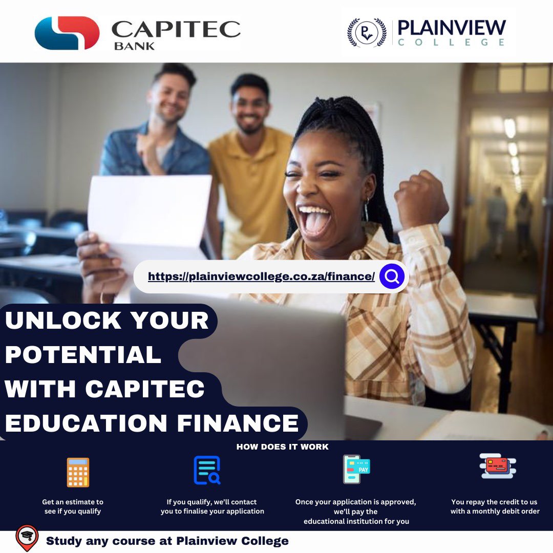 mr_faku's tweet photo. Admissions for 2025 are now open at Plainview College JHB and Mthatha campuses 🎓 Secure your spot and make your dreams a reality with our educational term loans, in partnership with Capitec Bank. 
Apply today 
#mbuyiseni #CapitecEducation #R40m https://t.co/7zNyajaqg8