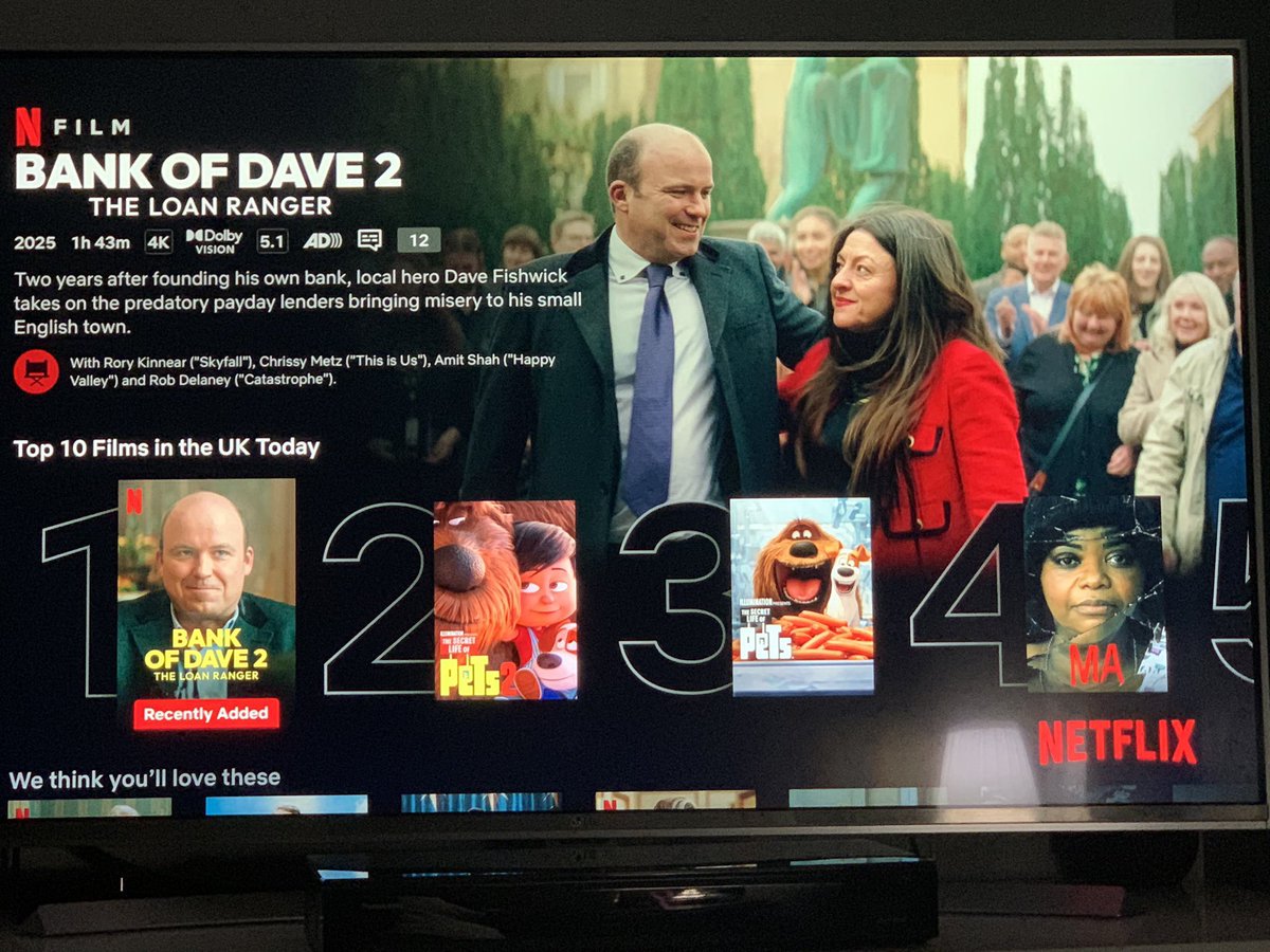 How’s exciting <a href="/FishwickDavid/">Bank on Dave</a> we are No. 1 on <a href="/netflix/">Netflix</a> Day 2 of release, and you guys have made us number 1, again! We love you, thanks so much 🎁📺