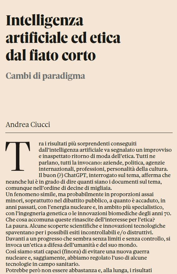 Andrea Ciucci (@donciucci) on Twitter photo L' #etica che nasce dalla paura e pone solo paletti ha il fiato corto, soprattutto se applicata all' #intelligenzaartificiale .
I guardrail senza una strada servono a poco.
Ne scrivo oggi su <a href="/sole24ore/">IlSole24ORE</a>
#aiethics #ArtificialInteligence #algoretica L' #etica che nasce dalla paura e pone solo paletti ha il fiato corto, soprattutto se applicata all' #intelligenzaartificiale .
I guardrail senza una strada servono a poco.
Ne scrivo oggi su <a href="/sole24ore/">IlSole24ORE</a>
#aiethics #ArtificialInteligence #algoretica